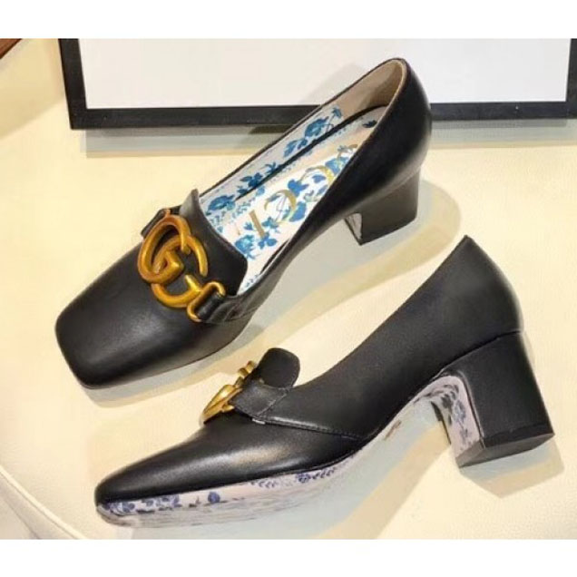 Gucci Leather Mid-Heel 5.5cm Pumps Black with Double G 2018