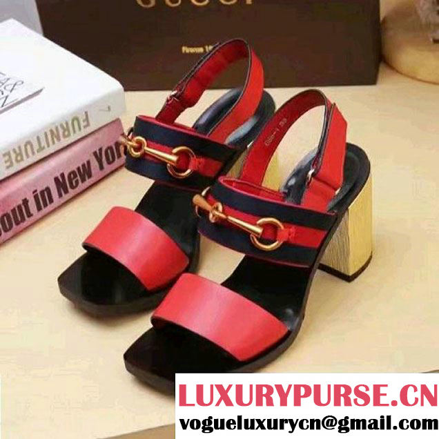 Gucci Leather And Web Horsebit Mid-Heel Sandal Red 2017 (SZ3023-7021705 )