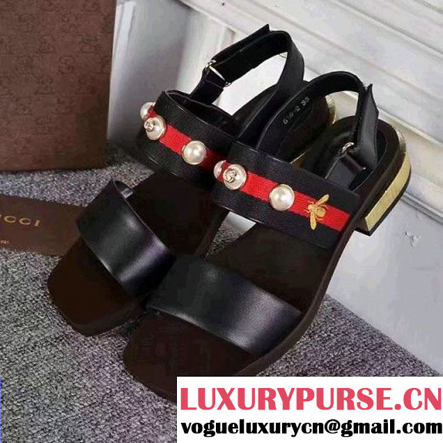 Gucci Leather And Web Pearls Horsebit Sandal Black 2017 (SZ3023-7021718 )