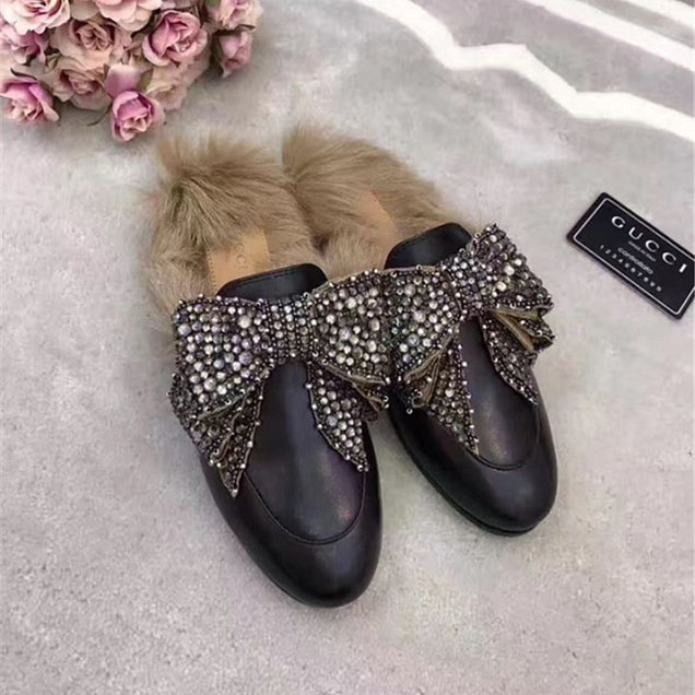 Gucci Princetown Crystal Bow Fur-Lined Mule Calfskin Leather Fall Winter 2017 Collection Black