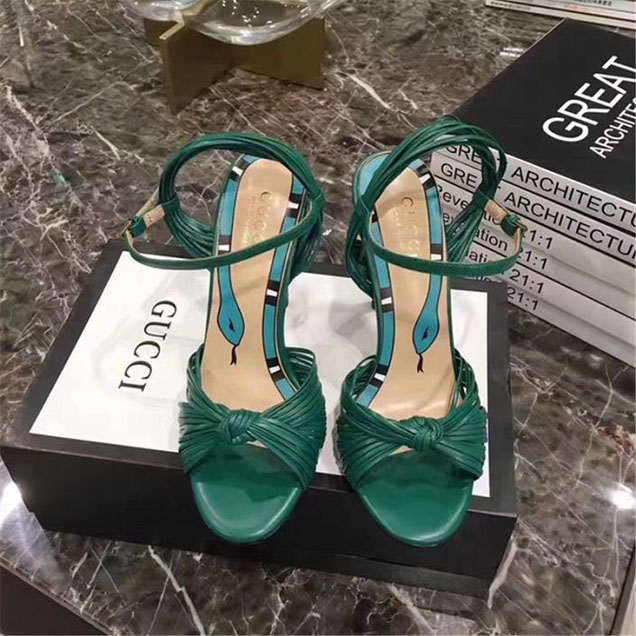 Gucci Allie Peep Toe Knotted Strappy Sandal Pumps Calfskin Leather Fall Winter 2017 Collection Green