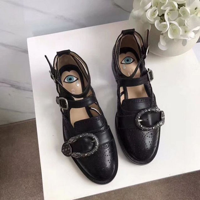 Gucci Queercore Brogue Studded Tiger Head Buckle Monk Shoes 452860 Calfskin Leather Spring Summer 2018 Collection Black