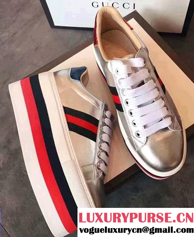 Gucci 8CM Platform Web Detail Leather Sneaker 475649 Sliver 2017