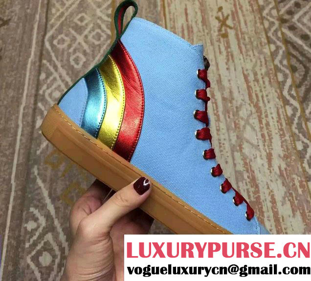 Gucci High-Top Lovers Sneakers 450887 Light Blue Denim and Rainbow Runway 2016