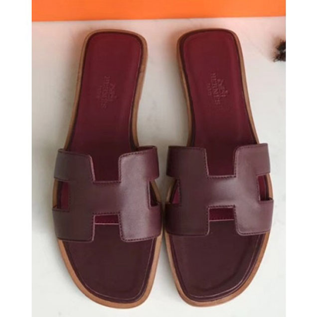 Hermes Oran Slipper Sandals in Box Calfskin Burgundy