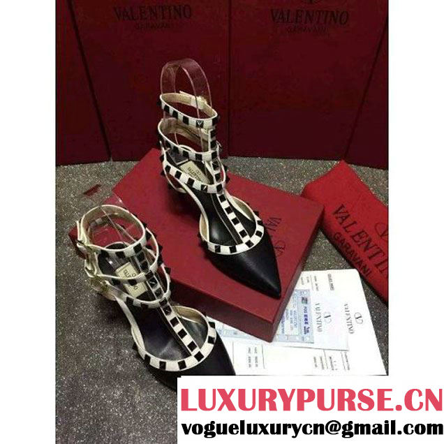 Valentino Smooth Calfskin Rockstud Ankle Strap Black/White (6.5CM Heel) (GD3015-112759 )