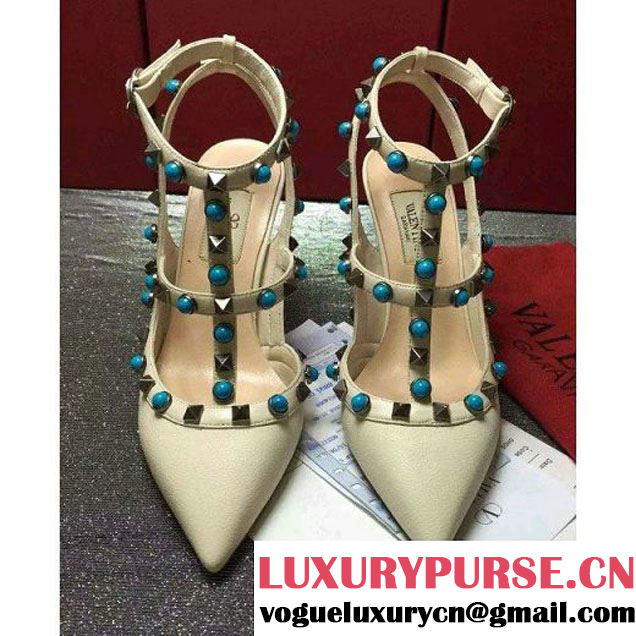 Valentino Grainy Calfskin Rockstud Rolling Pump With 9.5CM Heel Off-White 2016 (GD3015-032149 )
